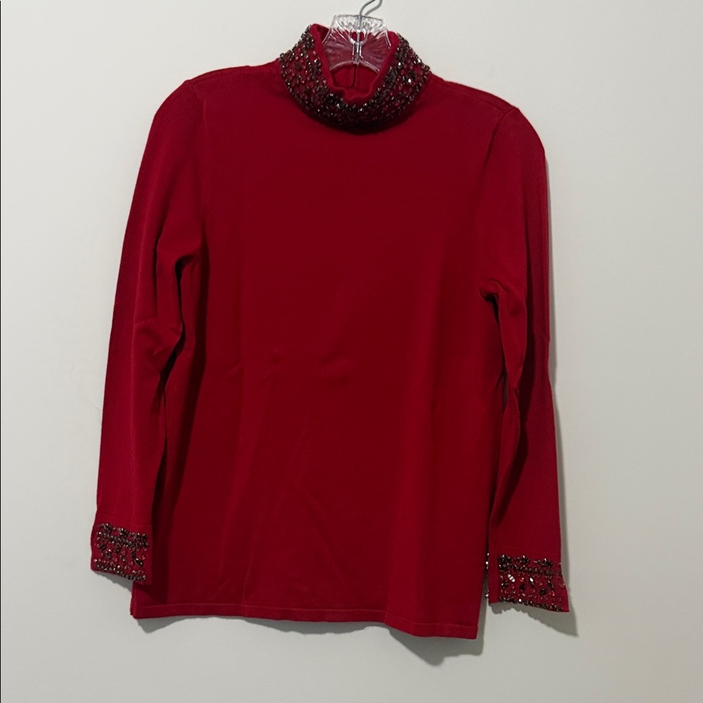 Special occasion red jewel neck sweater, Chicos size 8